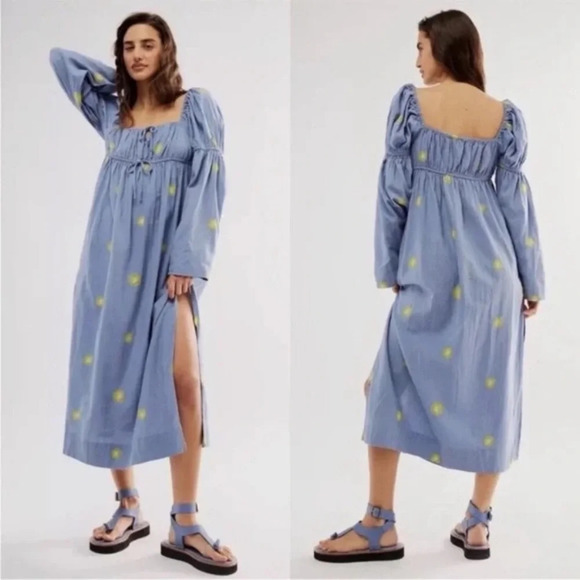 Free People Dresses & Skirts - New! Free People Emory Embroidered Sun Midi Dress blue nwot 27068